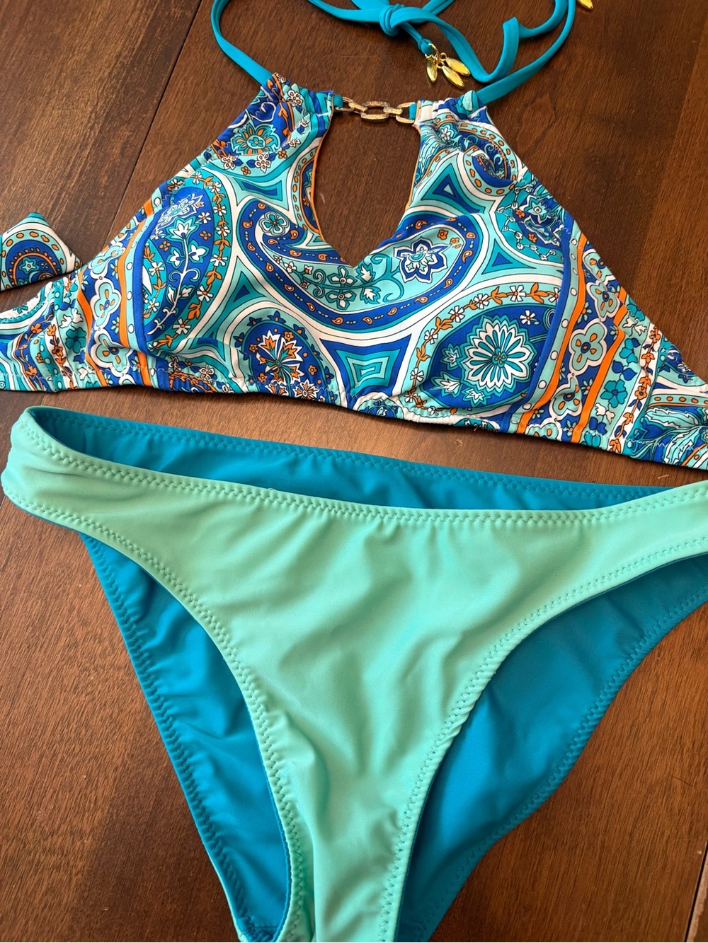 Trina Turk Blue Paisley Halter Bikini with Teal Bottoms